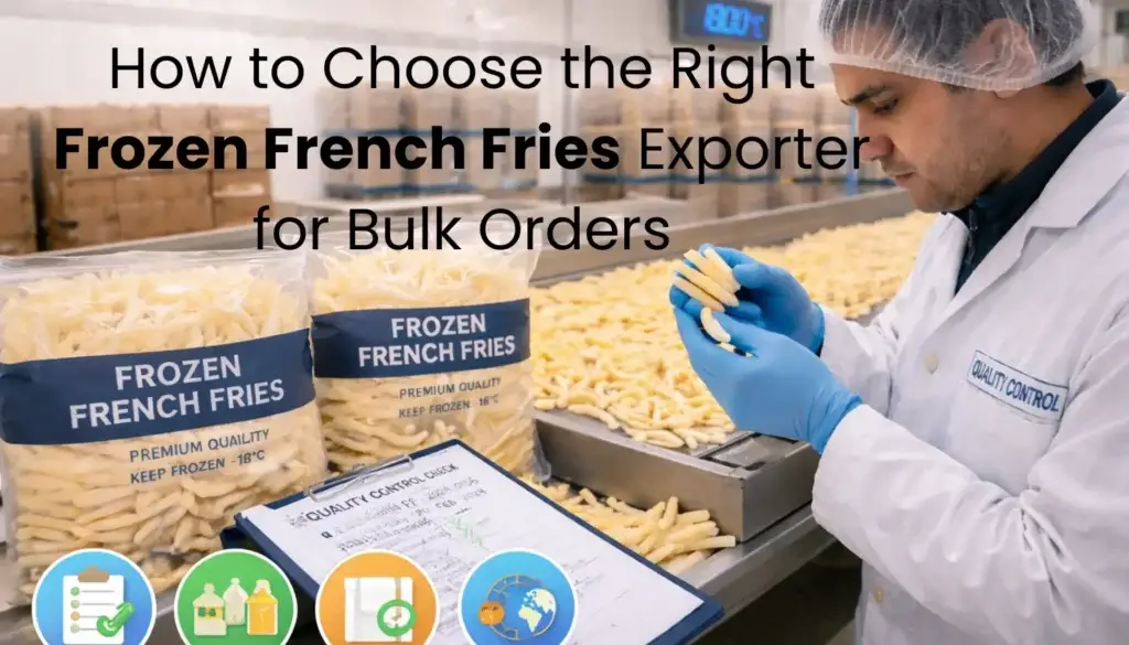 Worker inspecting frozen French fries during quality control in a food processing facility for bulk export.