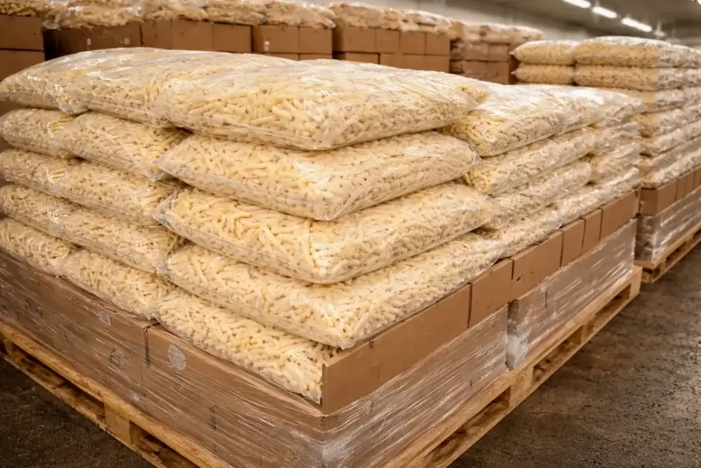 Bulk frozen French fries ready for export in packaging for international market