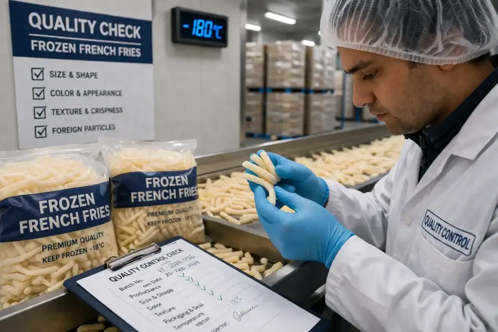 Frozen French fries being inspected during quality control to ensure consistency and quality